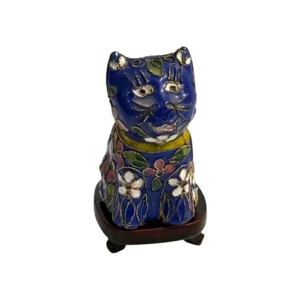 Vintage Cloisonne Blue Chinese Cat Figurine  on Stand 3" Very good condition
